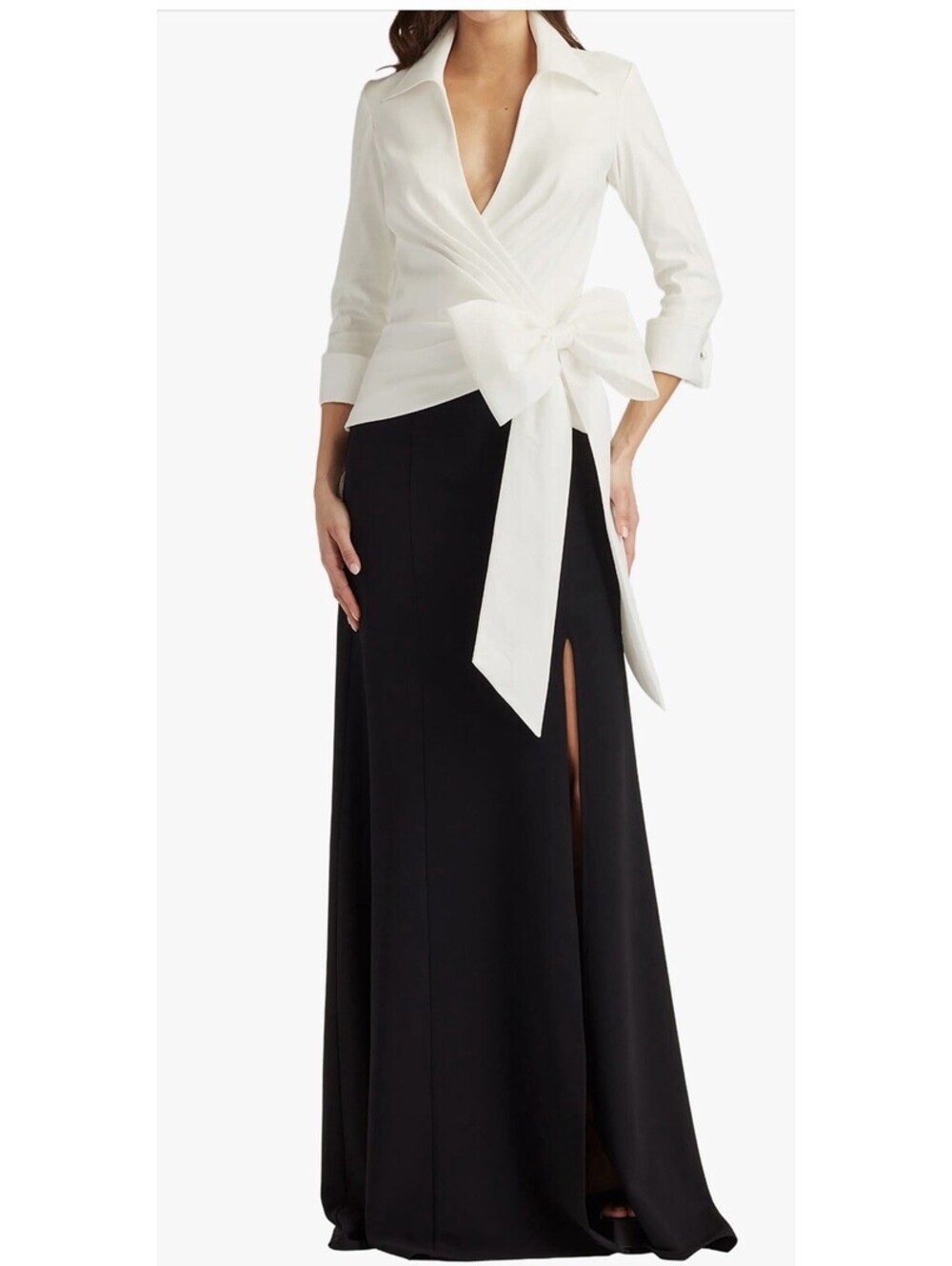 New Tadashi Shoji Oversize Bow Sheath Gown In White Black Size 8 $518